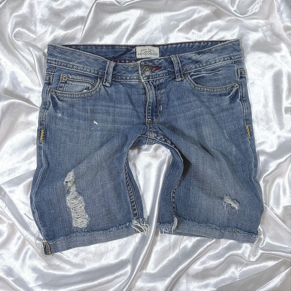 y2k distressed Denim Shorts Blue Good Bermuda Raw Hem Ripped Aeropostale 5/6
